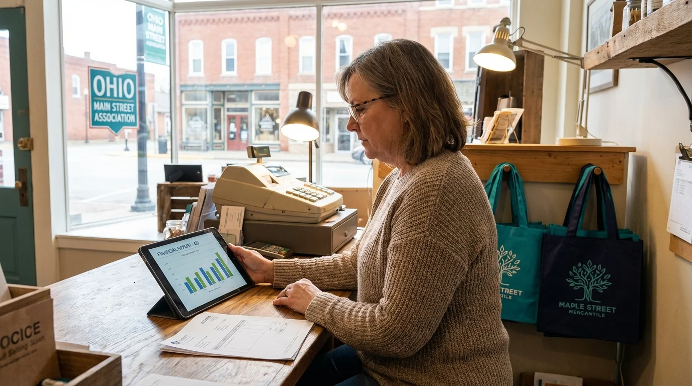 Small business owner reviewing financial reports on a tablet in their Ohio storefront