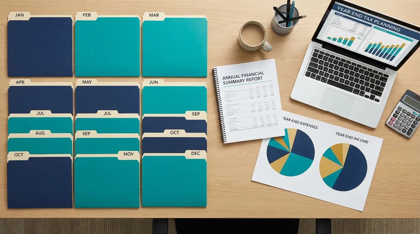 Organized year-end financial documents with monthly folders and annual summary reports