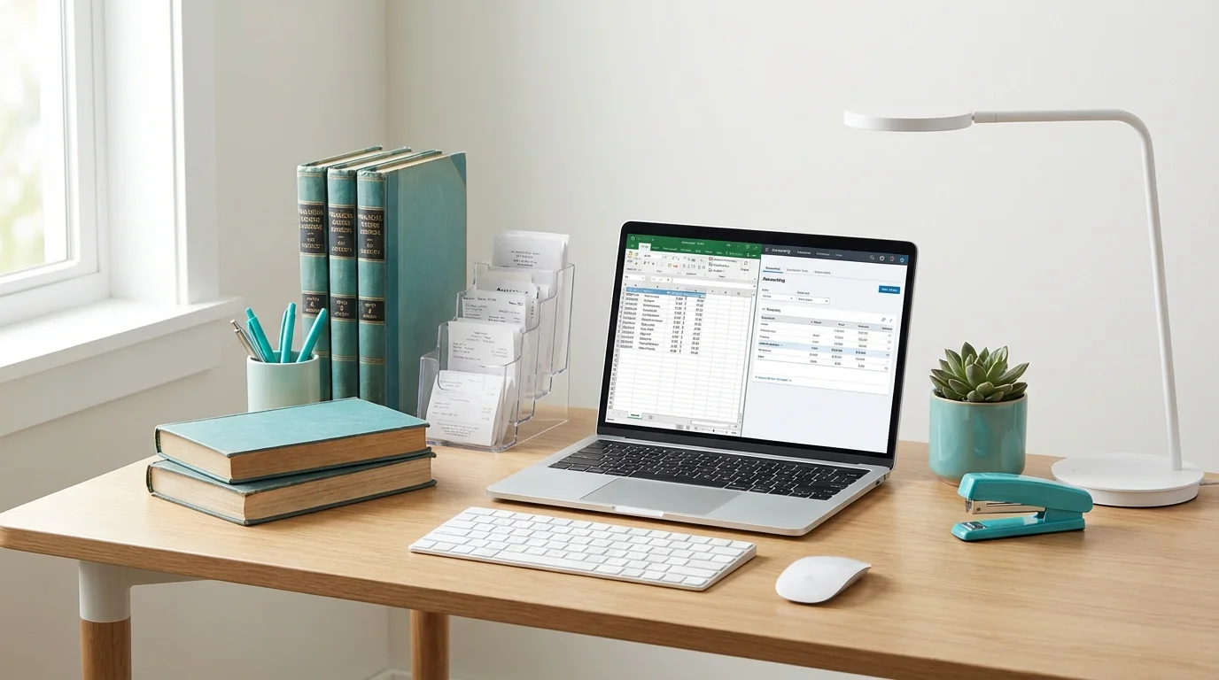 Organized bookkeeping workspace with laptop and financial ledgers
