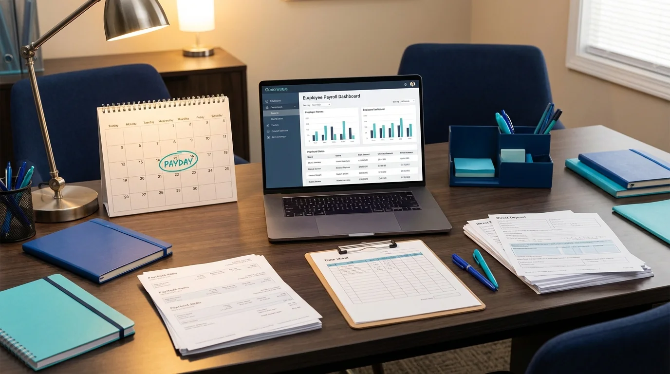 Payroll management desk with dashboard, calendar, and pay stubs